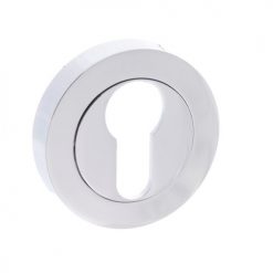 Atlantic Handles Forme Euro Escutcheon on Contempo Round Rose in a Polished Chrome Finish
