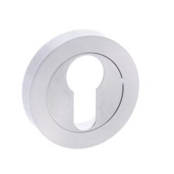 Atlantic Handles Forme Euro Escutcheon on Contempo Round Rose in a Satin Chrome Finish