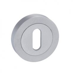 Atlantic Handles Forme Key Escutcheon on Contempo Round Rose in a Satin Chrome Finish