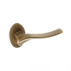Atlantic Handles Olimpia Forme Designer Lever on Contempo Round Rose in a Yester Bronze Finish Pair of Door Handles