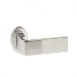 Atlantic Handles Monza Forme Designer Lever on Contempo Round Rose in a Satin Chrome Finish Pair of Door Handles