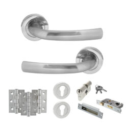 STATUS Nevada Door Handle Pack (Euro Lock Set - 3" CE Sashlock, 3" Fire Rated Hinges x3) - Satin Chrome