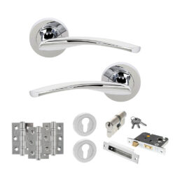STATUS Arizona Door Handle Pack (Euro Lock Set - 3" CE Sashlock, 3" Fire Rated Hinges x3) - Polished Chrome