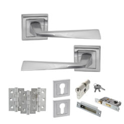 STATUS California Door Handle Pack (Euro Lock Set - 3" CE Sashlock, 3" Fire Rated Hinges x3) - Satin Chrome