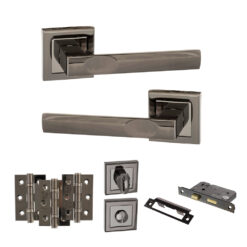 STATUS Kansas Door Handle Pack (Bathroom Set - 3" CE Bathroom Lock, 3" Fire Rated Hinges x3) - Black Nickel