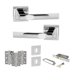 STATUS Kansas Door Handle Pack (3 Lever Lock Set - 3" CE Sashlock, 3" Fire Rated Hinges x3) - Polished Chrome