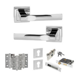 STATUS Kansas Door Handle Pack (Euro Lock Set - 3" CE Sashlock, 3" Fire Rated Hinges x3) - Polished Chrome