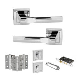 STATUS Kansas Door Handle Pack (Bathroom Set - 3" CE Bathroom Lock, 3" Fire Rated Hinges x3) - Polished Chrome