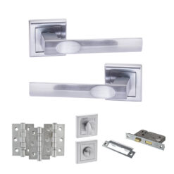 STATUS Kansas Door Handle Pack (Bathroom Set - 3" CE Bathroom Lock, 3" Fire Rated Hinges x3) - Satin Chrome