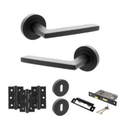 STATUS Alaska Door Handle Pack (3 Lever Lock Set - 3" CE Sashlock, 3" Fire Rated Hinges x3) - Matt Black