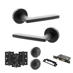 STATUS Alaska Door Handle Pack (Bathroom Set - 3" CE Bathroom Lock, 3" Fire Rated Hinges x3) - Matt Black