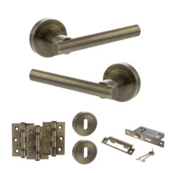 STATUS Nebraska Door Handle Pack (3 Lever Lock Set - 3" CE Sashlock, 3" Fire Rated Hinges x3) - Antique Brass