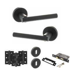 STATUS Nebraska Door Handle Pack (3 Lever Lock Set - 3" CE Sashlock, 3" Fire Rated Hinges x3) - Matt Black