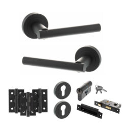 STATUS Nebraska Door Handle Pack (Euro Lock Set - 3" CE Sashlock, 3" Fire Rated Hinges x3) - Matt Black