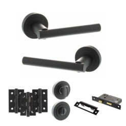 STATUS Nebraska Door Handle Pack (Bathroom Set - 3" CE Bathroom Lock, 3" Fire Rated Hinges x3) - Matt Black