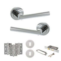 STATUS Nebraska Door Handle Pack (3 Lever Lock Set - 3" CE Sashlock, 3" Fire Rated Hinges x3) - Polished Chrome