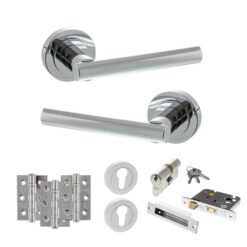 STATUS Nebraska Door Handle Pack (Euro Lock Set - 3" CE Sashlock, 3" Fire Rated Hinges x3) - Polished Chrome
