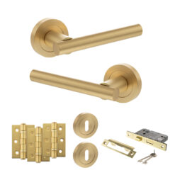 STATUS Nebraska Door Handle Pack (3 Lever Lock Set - 3" CE Sashlock, 3" Fire Rated Hinges x3) - Satin Brass