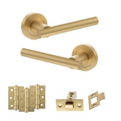 STATUS Nebraska Door Handle Pack (Latch Set - 3" CE Latch, 3" Fire Rated Hinges x3) - Satin Brass