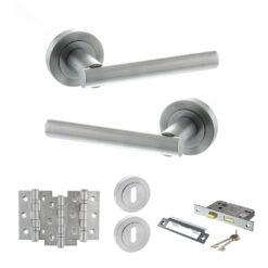 STATUS Nebraska Door Handle Pack (3 Lever Lock Set - 3" CE Sashlock, 3" Fire Rated Hinges x3) - Satin Chrome