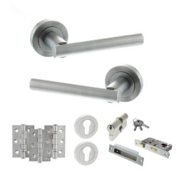 STATUS Nebraska Door Handle Pack (Euro Lock Set - 3" CE Sashlock, 3" Fire Rated Hinges x3) - Satin Chrome