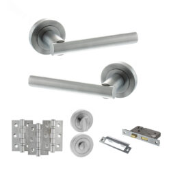 STATUS Nebraska Door Handle Pack (Bathroom Set - 3" CE Bathroom Lock, 3" Fire Rated Hinges x3) - Satin Chrome