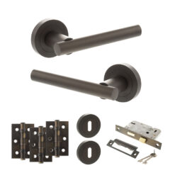 STATUS Nebraska Door Handle Pack (3 Lever Lock Set - 3" CE Sashlock, 3" Fire Rated Hinges x3) - Urban Dark Bronze