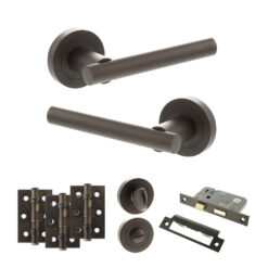 STATUS Nebraska Door Handle Pack (Bathroom Set - 3" CE Bathroom Lock, 3" Fire Rated Hinges x3) - Urban Dark Bronze