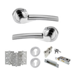 STATUS Florida Door Handle Pack (Euro Lock Set - 3" CE Sashlock, 3" Fire Rated Hinges x3) - Satin Chrome/Polished Chrome