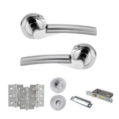 STATUS Florida Door Handle Pack (Bathroom Set - 3" CE Bathroom Lock, 3" Fire Rated Hinges x3) - Satin Chrome/Polished Chrome
