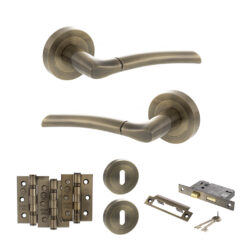 STATUS Indiana Door Handle Pack (3 Lever Lock Set - 3" CE Sashlock, 3" Fire Rated Hinges x3) - Antique Brass