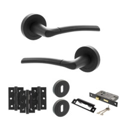 STATUS Indiana Door Handle Pack (3 Lever Lock Set - 3" CE Sashlock, 3" Fire Rated Hinges x3) - Matt Black