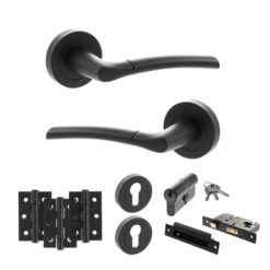 STATUS Indiana Door Handle Pack (Euro Lock Set - 3" CE Sashlock, 3" Fire Rated Hinges x3) - Matt Black