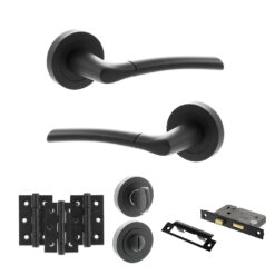 STATUS Indiana Door Handle Pack (Bathroom Set - 3" CE Bathroom Lock, 3" Fire Rated Hinges x3) - Matt Black