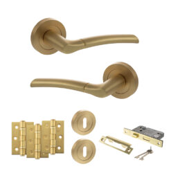 STATUS Indiana Door Handle Pack (3 Lever Lock Set - 3" CE Sashlock, 3" Fire Rated Hinges x3) - Satin Brass