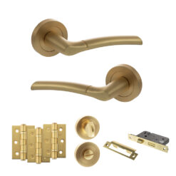 STATUS Indiana Door Handle Pack (Bathroom Set - 3" CE Bathroom Lock, 3" Fire Rated Hinges x3) - Satin Brass