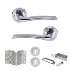 STATUS Indiana Door Handle Pack (3 Lever Lock Set - 3" CE Sashlock, 3" Fire Rated Hinges x3) - Satin Chrome/Polished Chrome