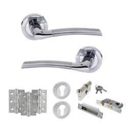 STATUS Indiana Door Handle Pack (Euro Lock Set - 3" CE Sashlock, 3" Fire Rated Hinges x3) - Satin Chrome/Polished Chrome