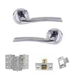 STATUS Indiana Door Handle Pack (Latch Set - 3" CE Latch, 3" Fire Rated Hinges x3) - Satin Chrome/Polished Chrome
