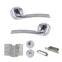 STATUS Indiana Door Handle Pack (Bathroom Set - 3" CE Bathroom Lock, 3" Fire Rated Hinges x3) - Satin Chrome/Polished Chrome