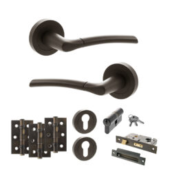 STATUS Indiana Door Handle Pack (Euro Lock Set - 3" CE Sashlock, 3" Fire Rated Hinges x3) - Urban Dark Bronze