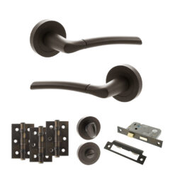 STATUS Indiana Door Handle Pack (Bathroom Set - 3" CE Bathroom Lock, 3" Fire Rated Hinges x3) - Urban Dark Bronze