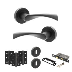 STATUS Colorado Door Handle Pack (3 Lever Lock Set - 3" CE Sashlock, 3" Fire Rated Hinges x3) - Matt Black