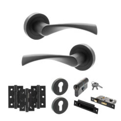 STATUS Colorado Door Handle Pack (Euro Lock Set - 3" CE Sashlock, 3" Fire Rated Hinges x3) - Matt Black