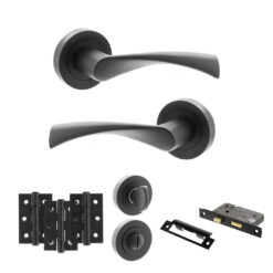 STATUS Colorado Door Handle Pack (Bathroom Set - 3" CE Bathroom Lock, 3" Fire Rated Hinges x3) - Matt Black