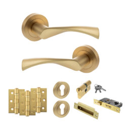 STATUS Colorado Door Handle Pack (Euro Lock Set - 3" CE Sashlock, 3" Fire Rated Hinges x3) - Satin Brass