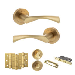 STATUS Colorado Door Handle Pack (Bathroom Set - 3" CE Bathroom Lock, 3" Fire Rated Hinges x3) - Satin Brass