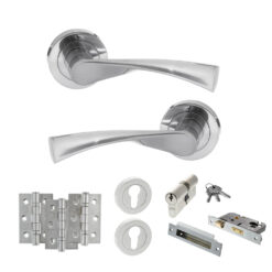 STATUS Colorado Door Handle Pack (Euro Lock Set - 3" CE Sashlock, 3" Fire Rated Hinges x3) - Satin Chrome