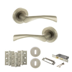 STATUS Colorado Door Handle Pack (3 Lever Lock Set - 3" CE Sashlock, 3" Fire Rated Hinges x3) - Satin Nickel