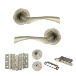 STATUS Colorado Door Handle Pack (Bathroom Set - 3" CE Bathroom Lock, 3" Fire Rated Hinges x3) - Satin Nickel